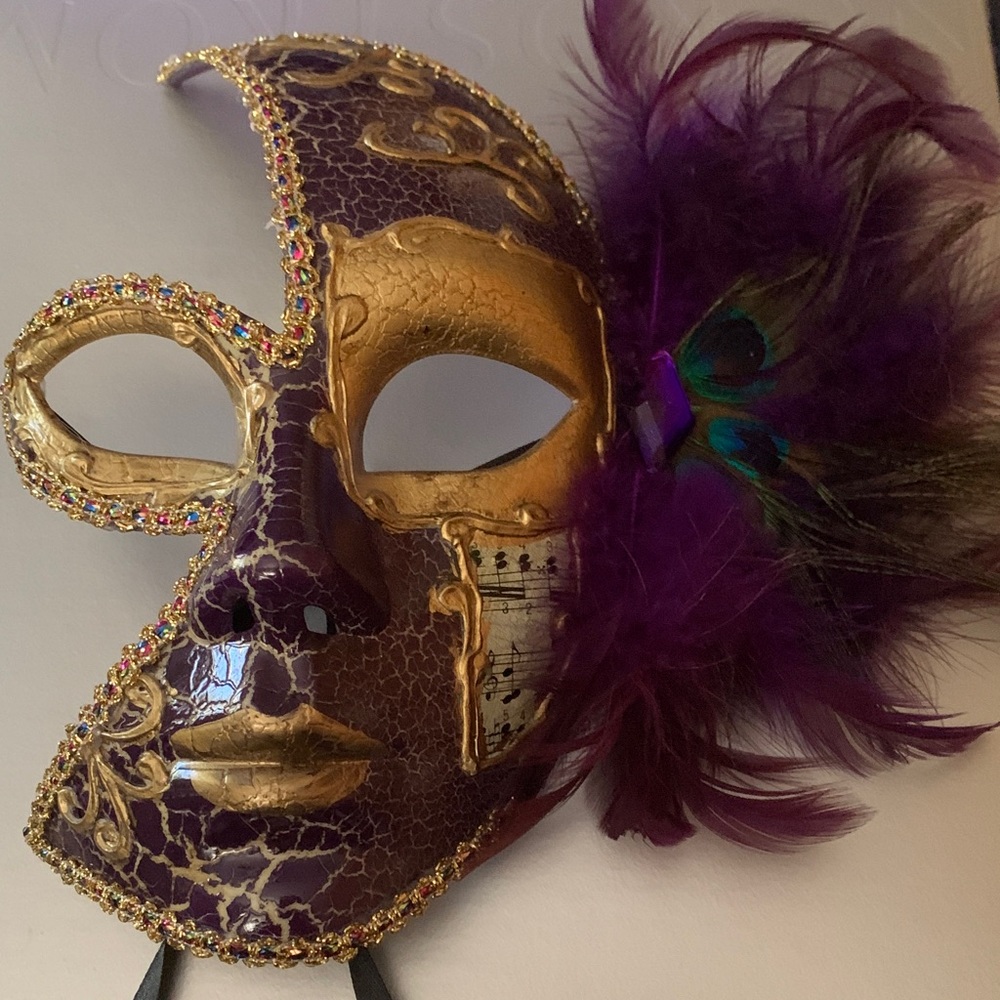 Purple and Gold Masquerade Mask with Feathers